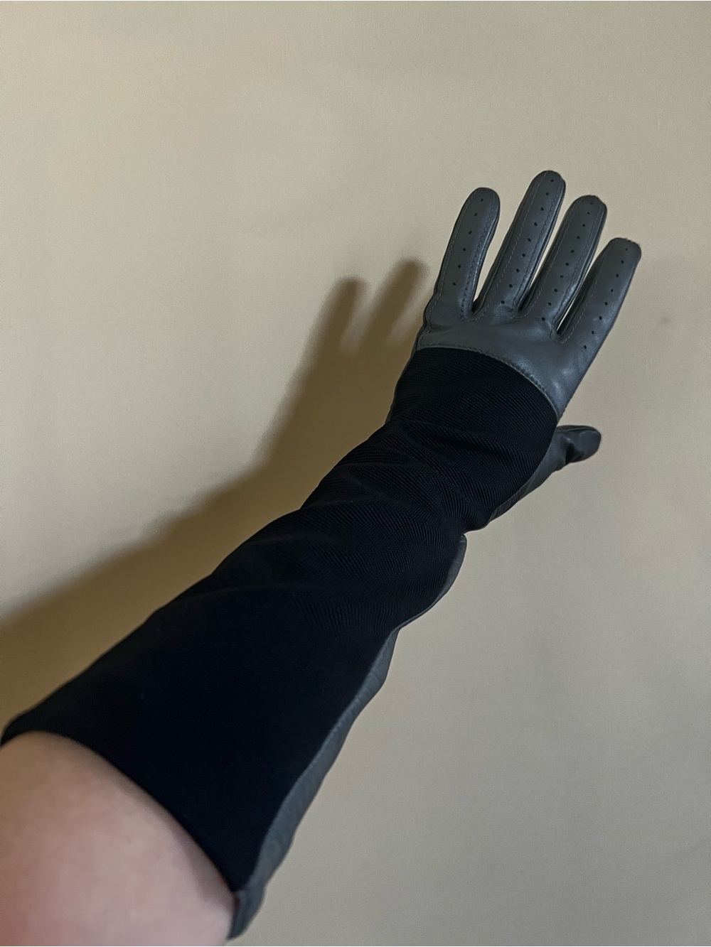 Black & Grey Extra Long Driving Leather & Fabric Gloves.